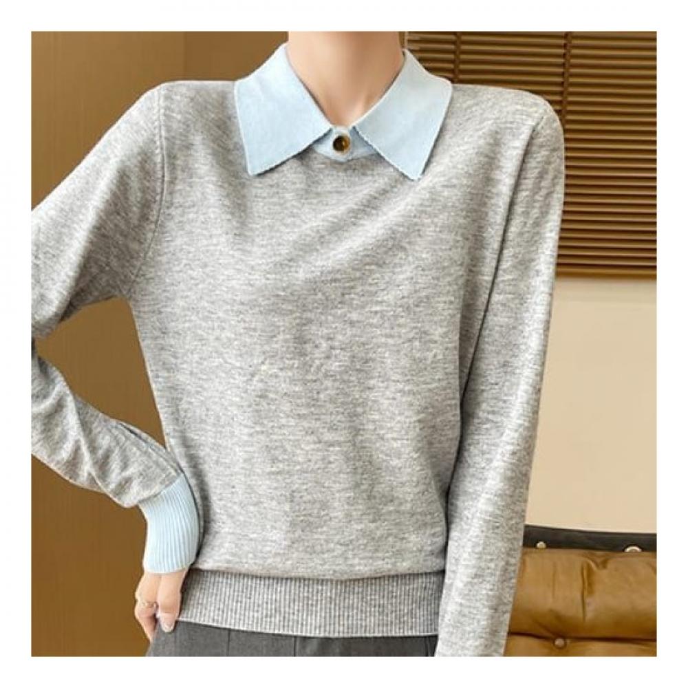 Navava Long Sleeve Collar KniT T shirT wiTh Simple Color Block Nk2322