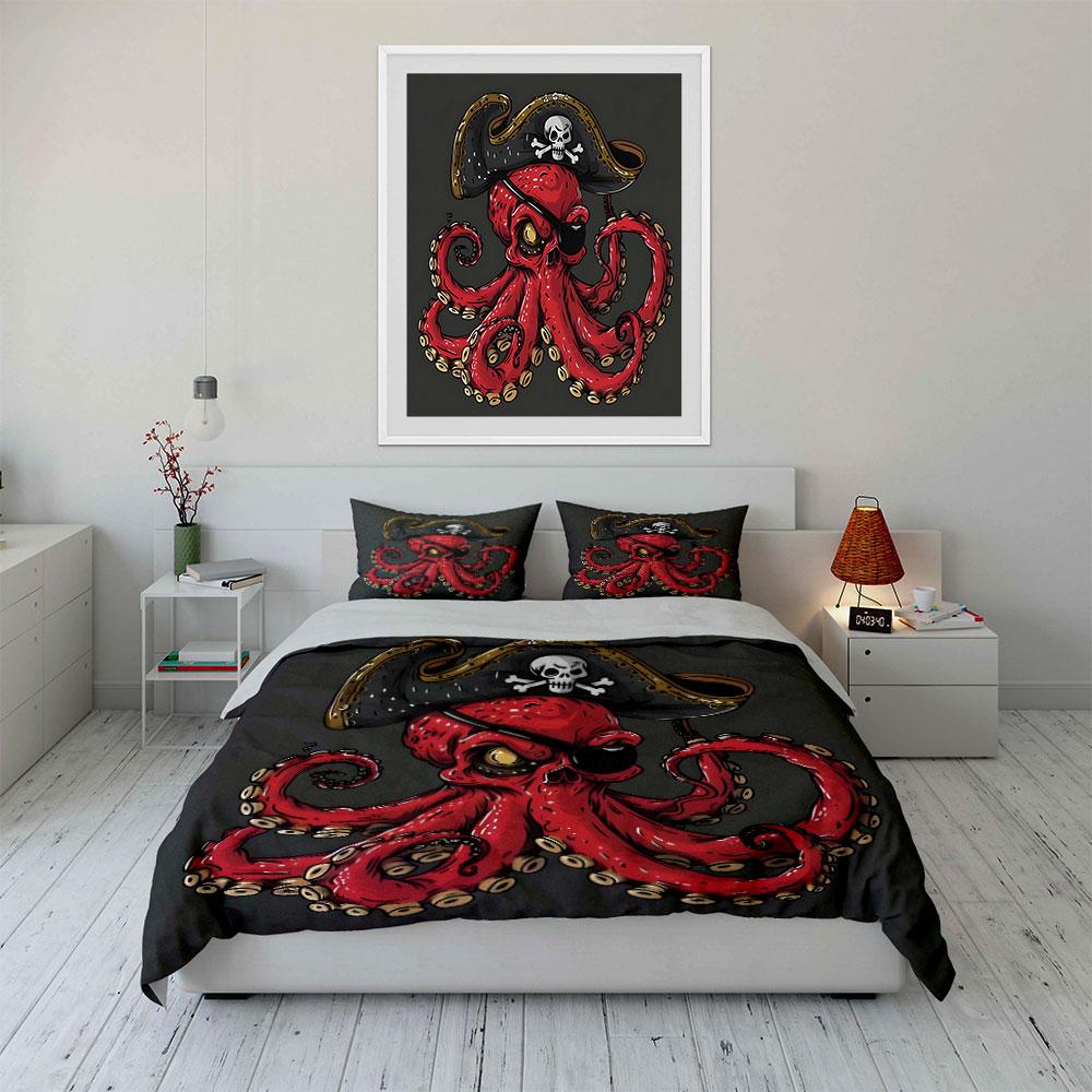 "Pirate Octopus Themed Party Set" kid's and adults' bedroom decor, Exquisite three-piece bedding set gift