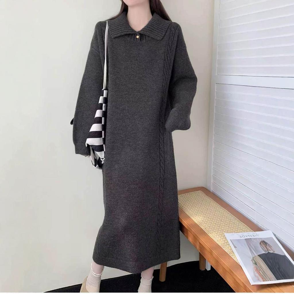 Women's Turtleneck Button Front Knit Maxi Dress Lantern Sleeve Cable Knit Casual Loose Fit Dress
