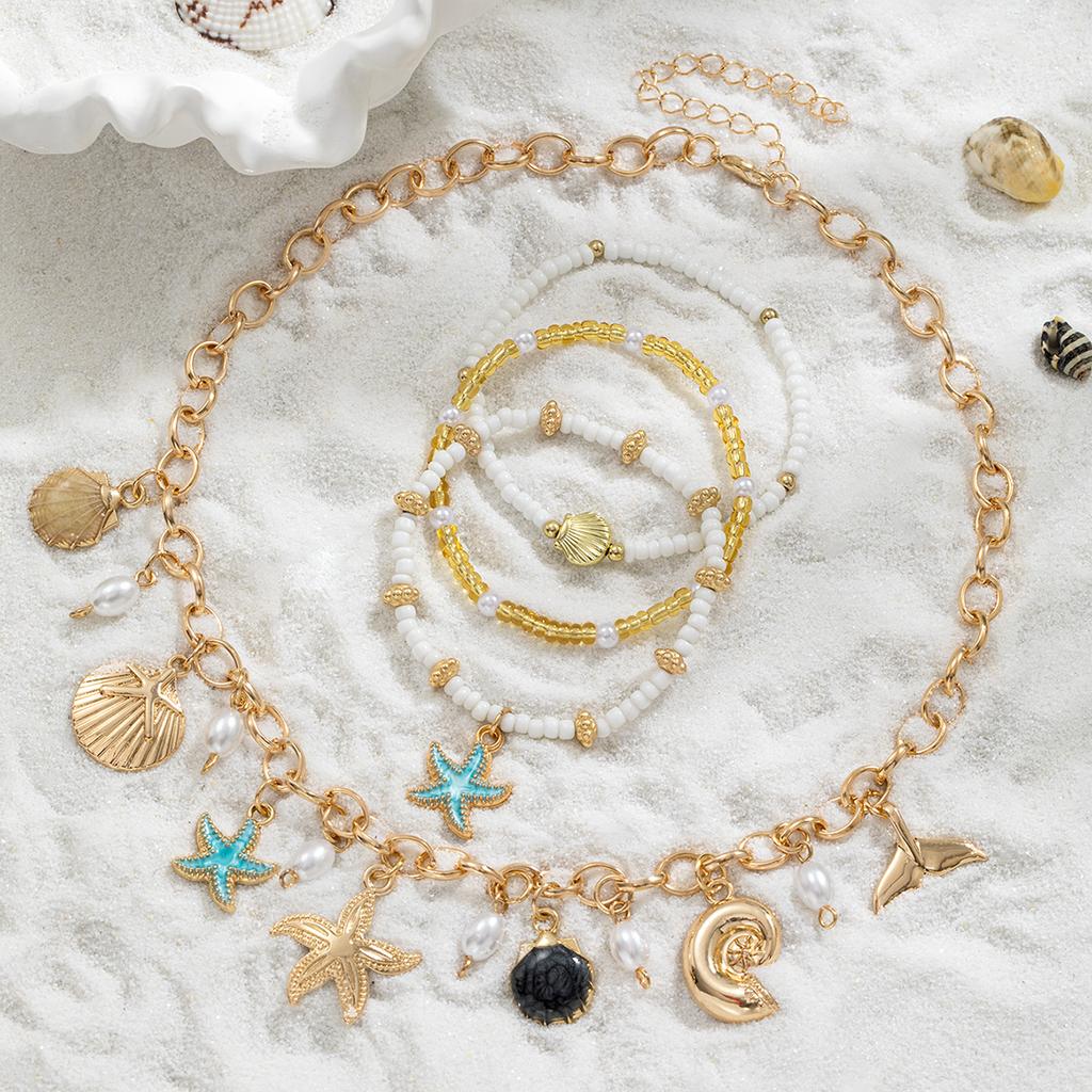 Bohemian Ocean Style Necklace and Bracelet Set with Imitation Starfish, Shell and Pearl Pendants