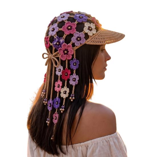 Breathable Summer Headwear Hand Crocheted Sunflower Baseball Cap, Bohemian Tassel Bell Hat, Handmade Knit Cutout Floral Spring Fashion Cap Beanie