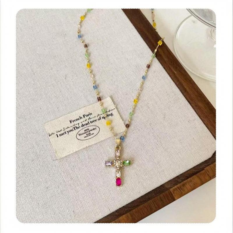 Fashion Colorful Zircon Cross Pendant Necklace For Women Stainless Steel Silver Color Charm Religious Necklaces Jewelry