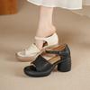 7Cm Retro Leather High-heeled Open-toed Sandals Women's Summer New Thick-heeled Thick-soled Leather One-word Buckle with Roman Sandals~