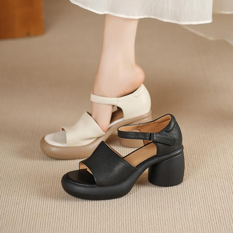 7Cm Retro Leather High-heeled Open-toed Sandals Women's Summer New Thick-heeled Thick-soled Leather One-word Buckle with Roman Sandals~