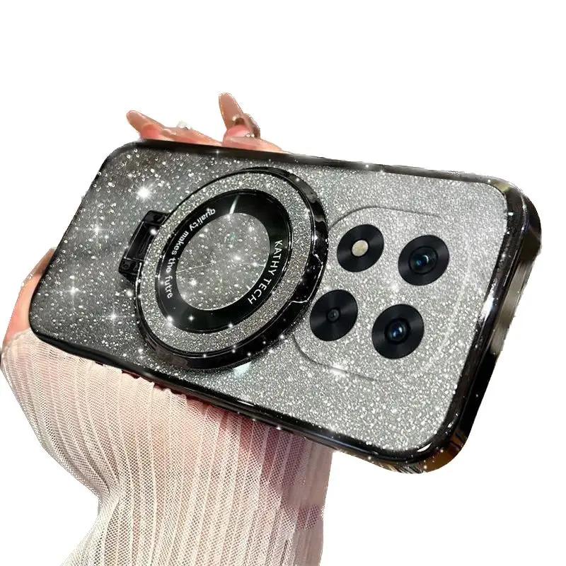 Luxury Plating For Redmi Note 14 Pro Plus 5G Magnetic Stand Holder Glitter Diamond Case For Redmi Note 14 4G/5G Silicone Cover