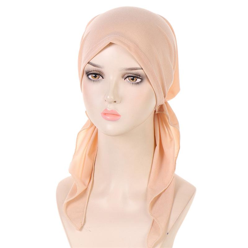 Ramadan Muslim Women Hijab Caps Solid Color Ladies Headscarf Soft Hijab Turban Bonnet Two Tail Bandana Hat Chemo Cap