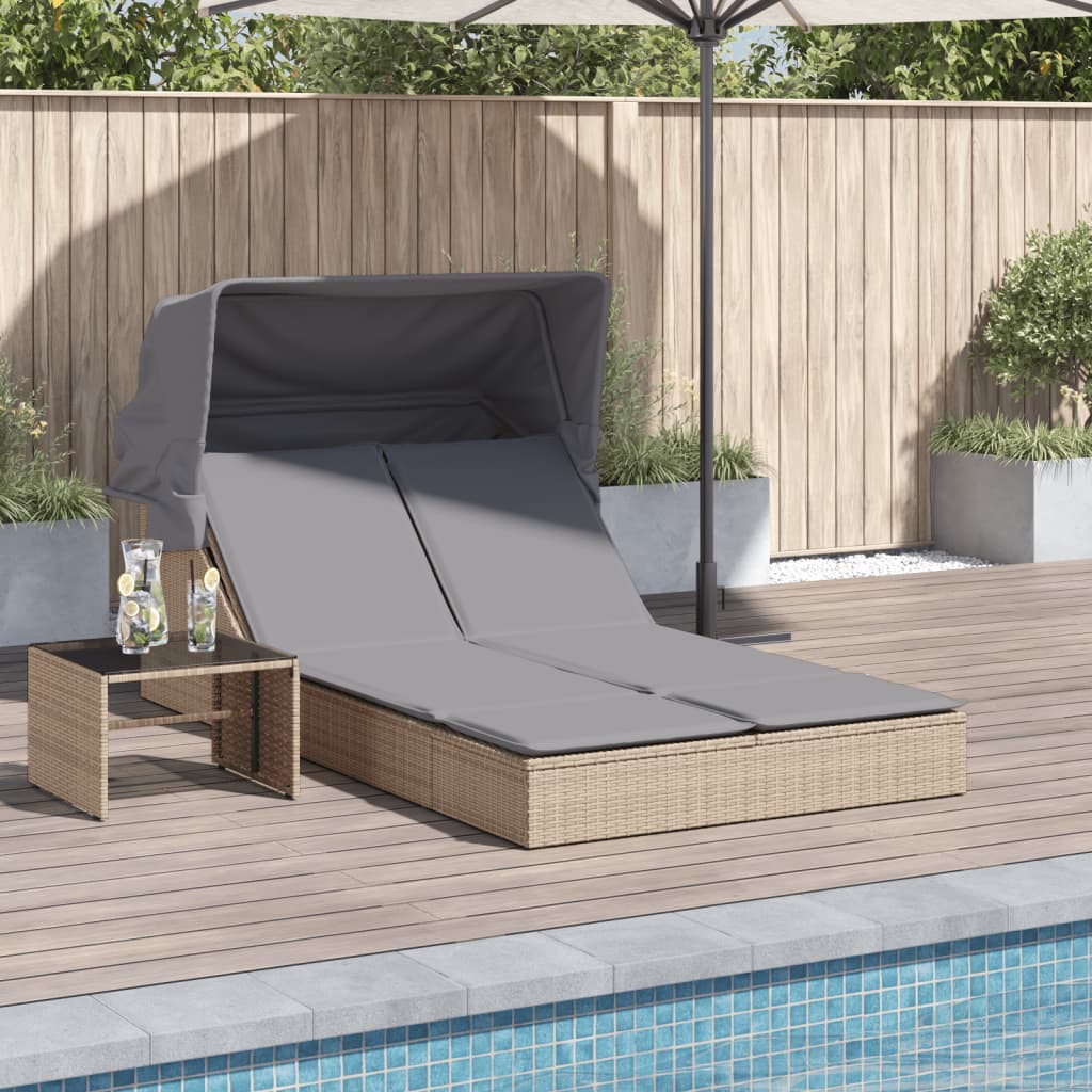 vidaXL Doppel-Sonnenliege mit Dach und Auflagen Beige Poly Rattan beige