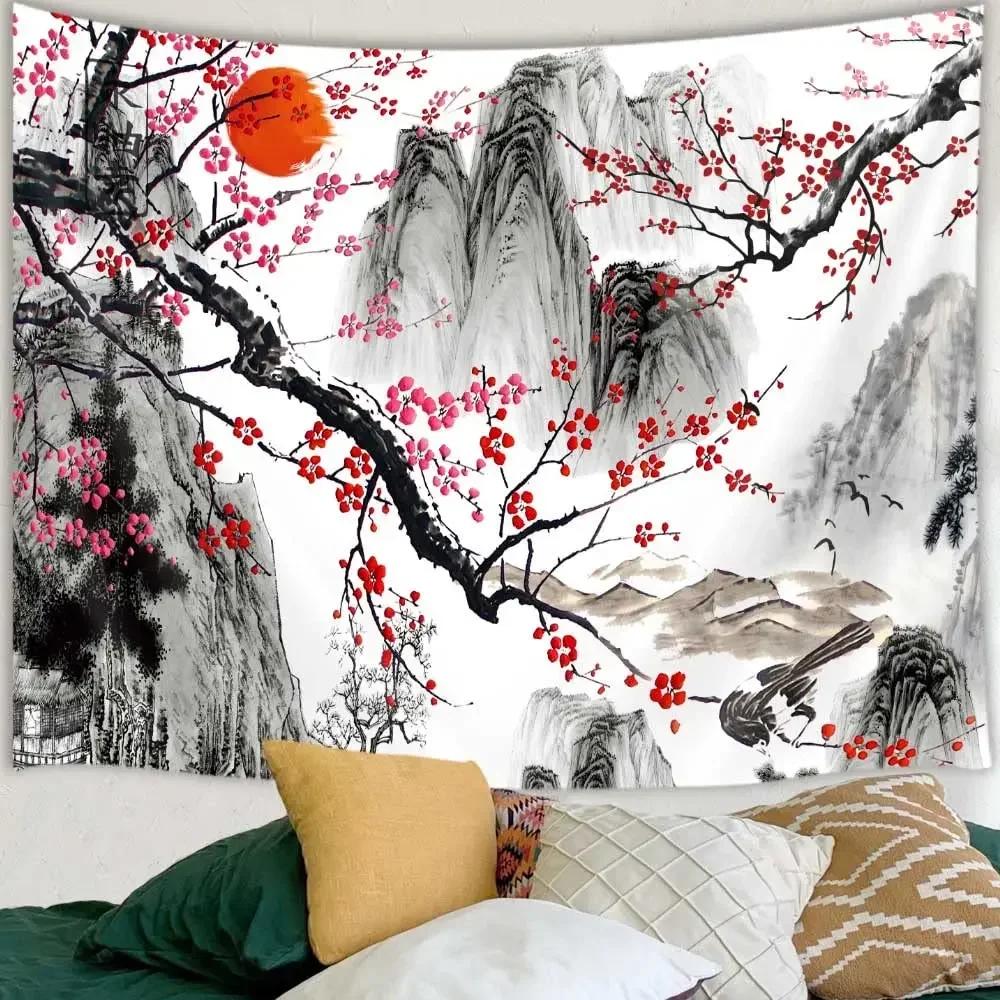 Asian Chinese Tapestry Cherry Blossom Tapestry Japanese Tapestry Nature Landscape Tapestries for Bedroom Living Room Home Decor