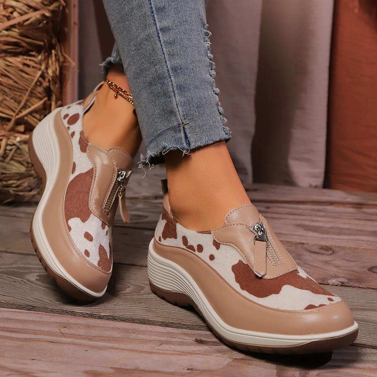 

Slope Heel Thick Sole Sneaker 43 Large Size Front Zip Shoes Women 2024 Shallow Mouth Casual Woman Low Shoes Zapatillas De Mujer 36 хакі