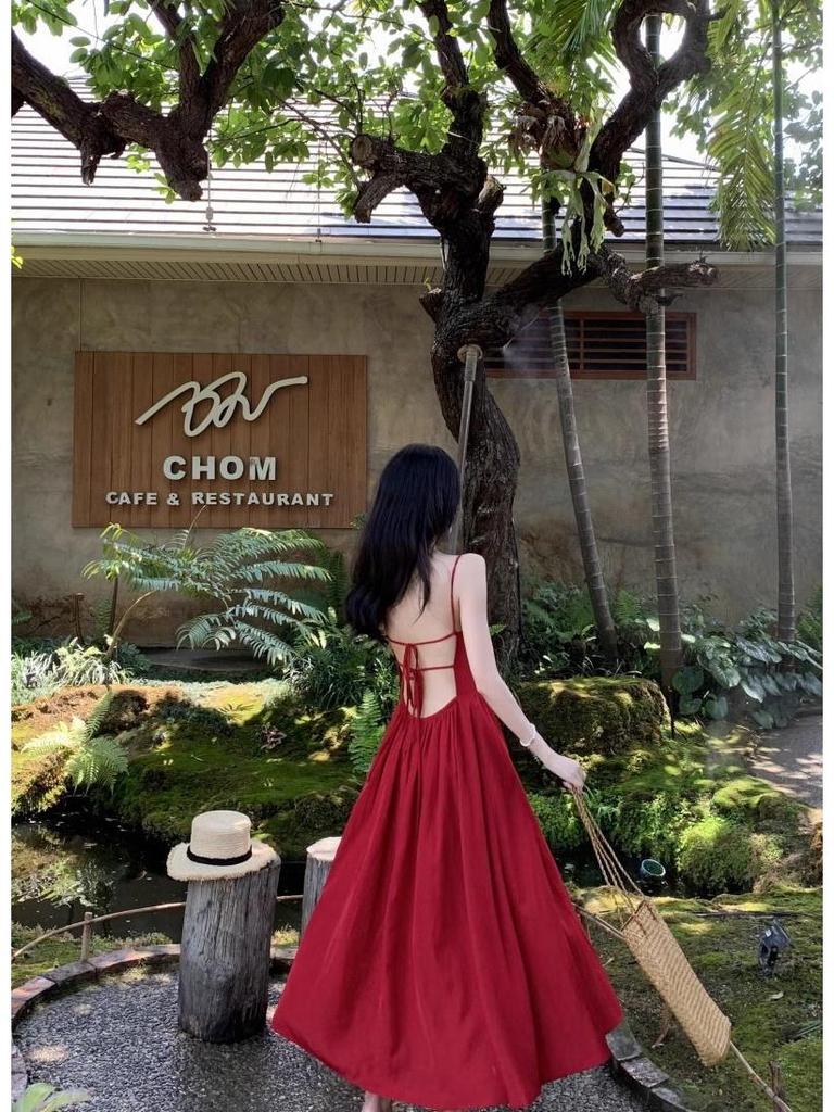 Women's Sexy Backless Red Slip Dress - Perfect for Beach Vacations and Photos