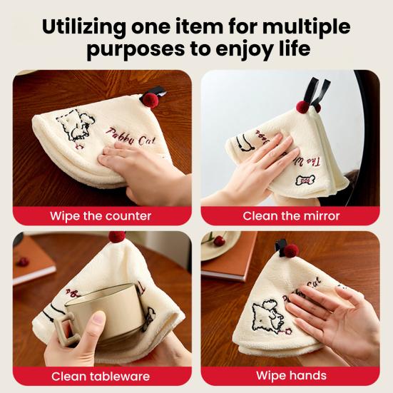 Hand Towel with Hangable Lanyard Coral Velvet Quick Drying Water Absorption Soft Skin-Friendly Cute Cat Dog Embroidery Durable Kitchen Bathroom Use