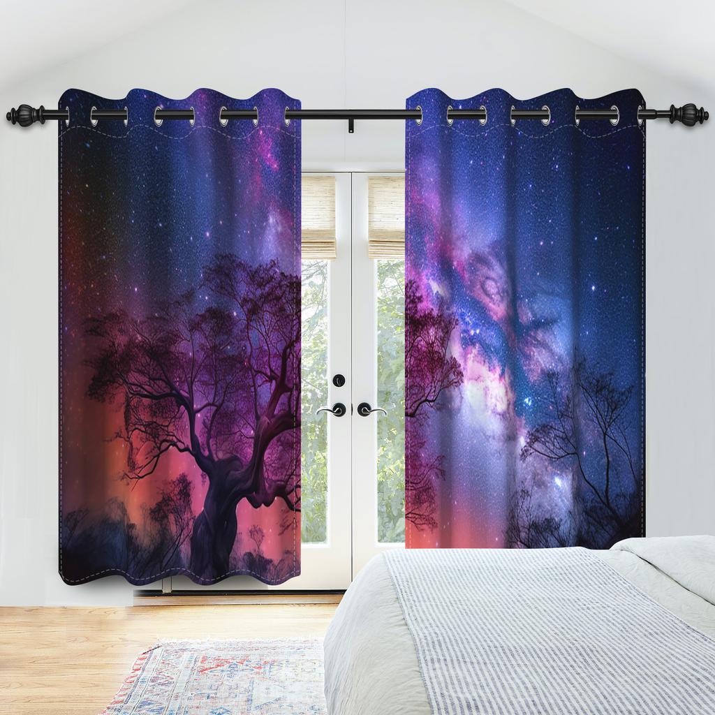 Blackout Dreamy Starry Sky Printed Curtain Galaxy Aurora Cosmic Night Kids Bedroom Living Room Study Decor Set Of 2 Made Polyester Washable Ready