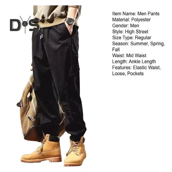 Fall Spring Men Cargo Pants Ankle Banded Loose Wear Resistant Drawstring Elastic Waist Pockets Outdoor Work Trousers