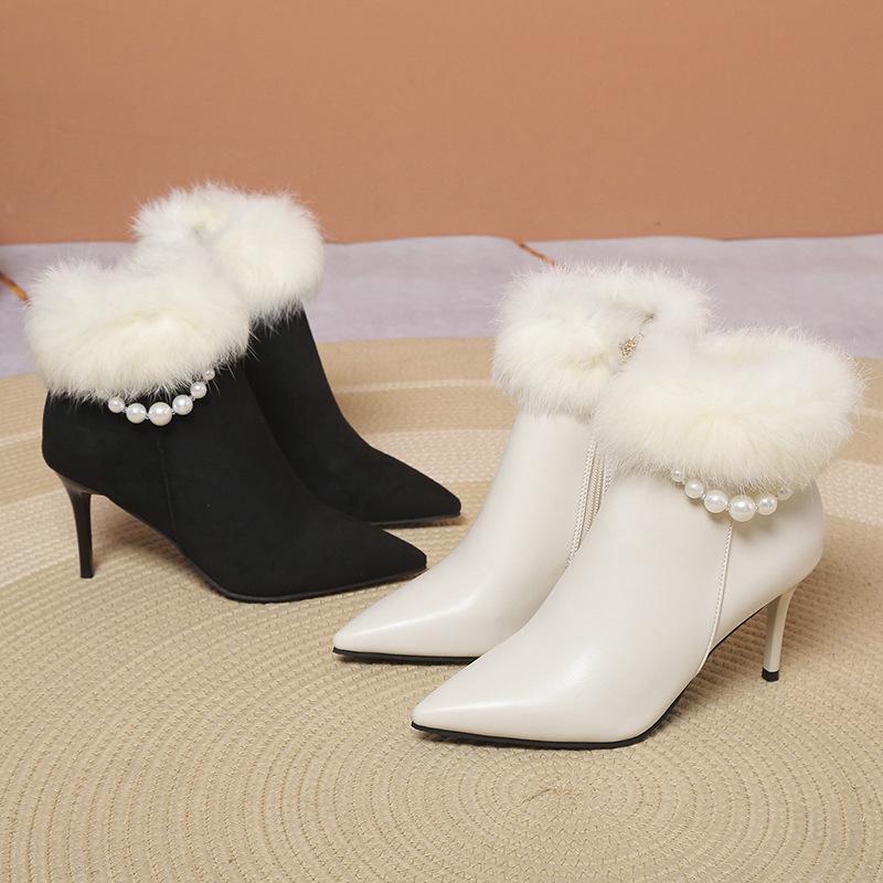 Pointed short boots women's 2025 autumn and winter new fashion pearl wool boots thin heel French high heel fashion thin boots