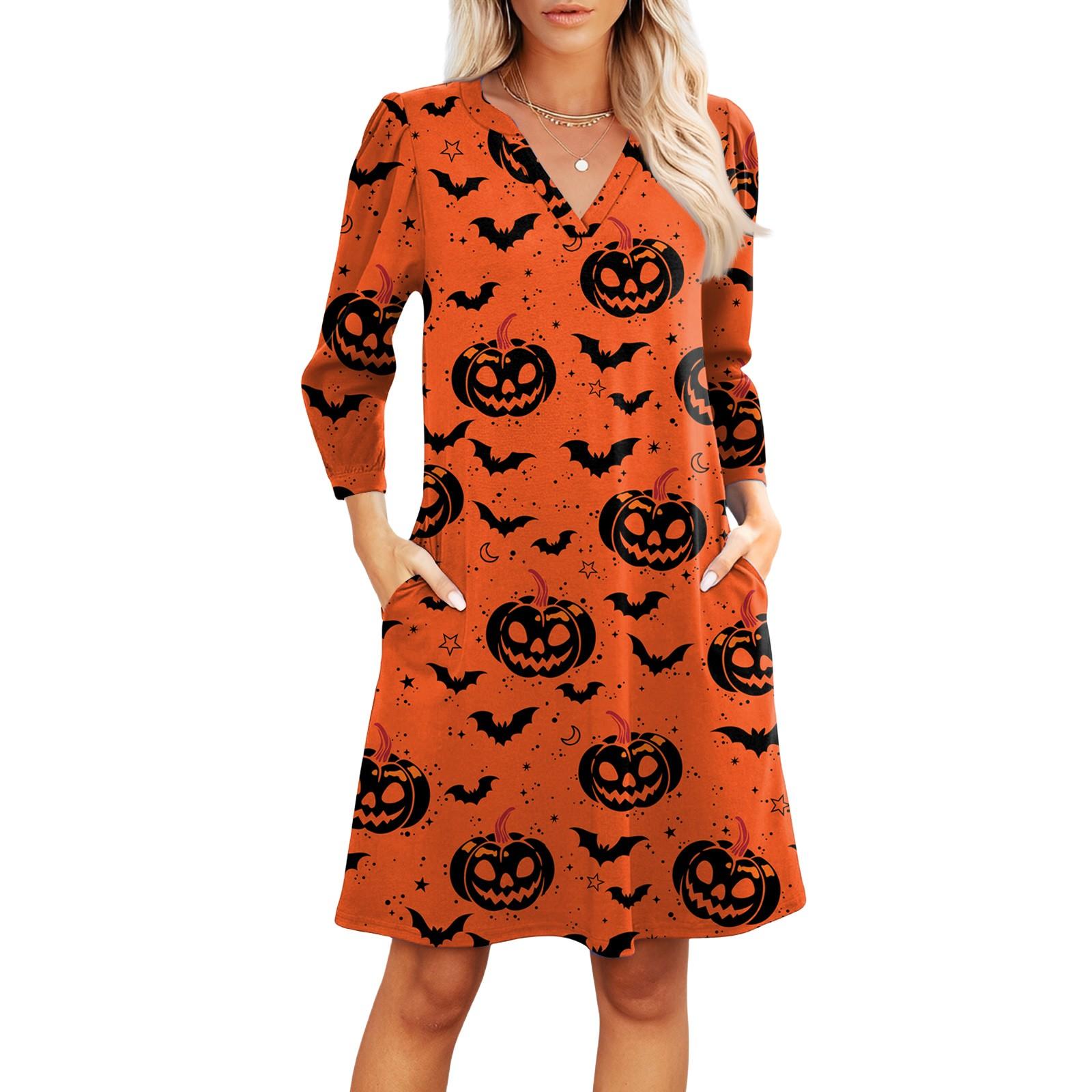 

Women s Fashion V-neck Casual Beach Dress Three-quarter Sleeves Halloween Print Dress XXL шафрановий