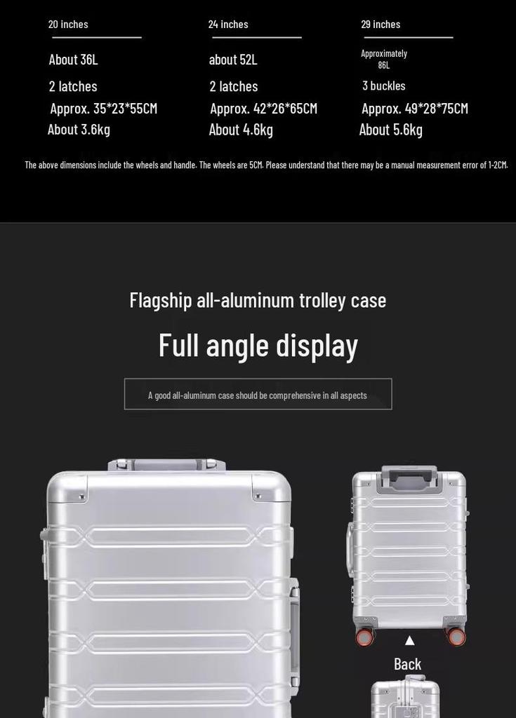 Leichter 20-Zoll Aluminium-Magnesium-Koffer, Vollaluminium mit Zahlenschloss, 28-Zoll Große Kapazität für Reisen