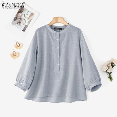 Bluză casual de damă cu guler înalt, mâneci lungi largi cu dungi