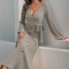 Women's Elegant Knitted V-neck Long Dress Fashion High Waist Lace Up Long Sleeved Dresses New Office Lady Sexy Robe