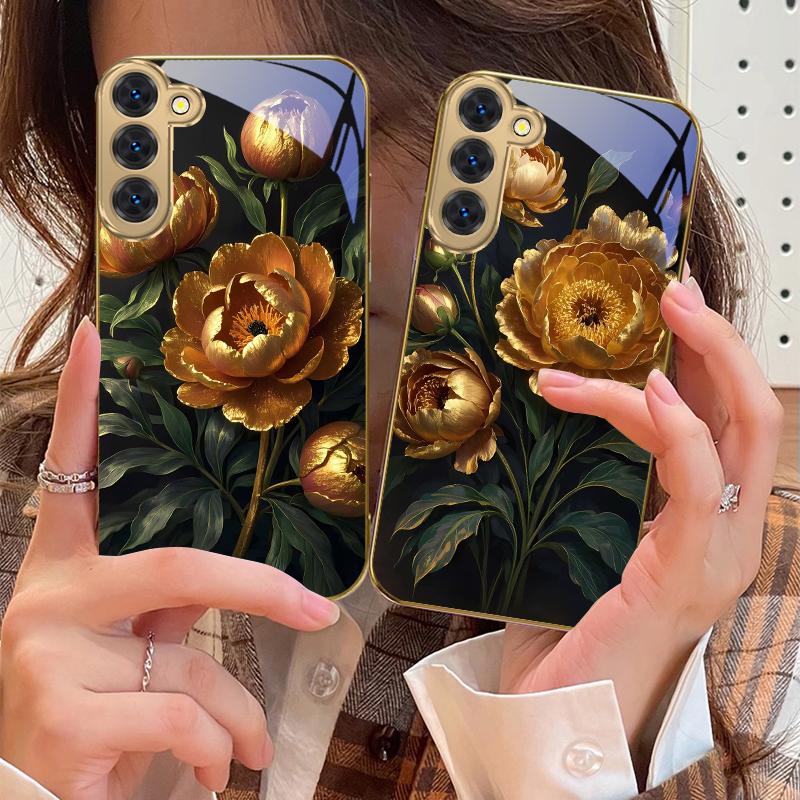 Prosperous Golden Peony For Samsung Galaxy S20 FE S21 S22 S23 Plus S24 Ultra 25Ultra S21+ S9+ S22Plus Golden Glass Phone Case