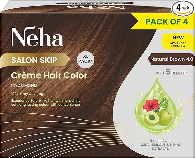 Neha Salon Skip Crème Hair Colour, Ammonia-Free Formula, Pack of 4 * 20g+20ml - Natural Brown