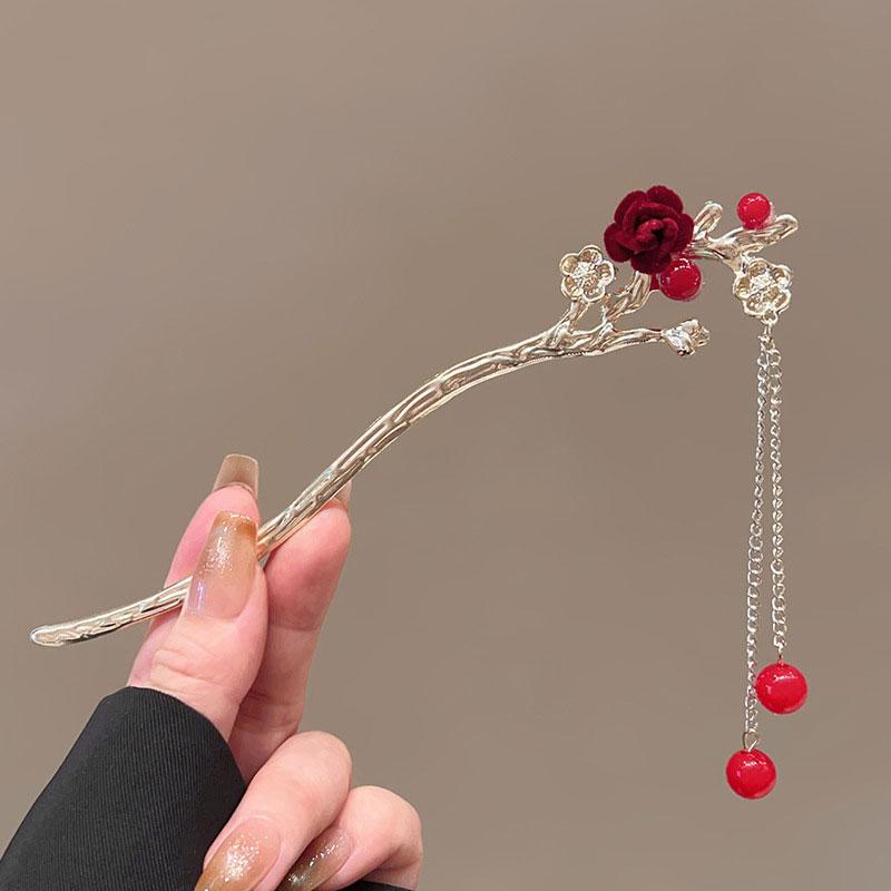1Pc Red Series Fashion Hairpin Exquisite Butterfly Retro Hair Accessory Gift Rose Flower Tassel
