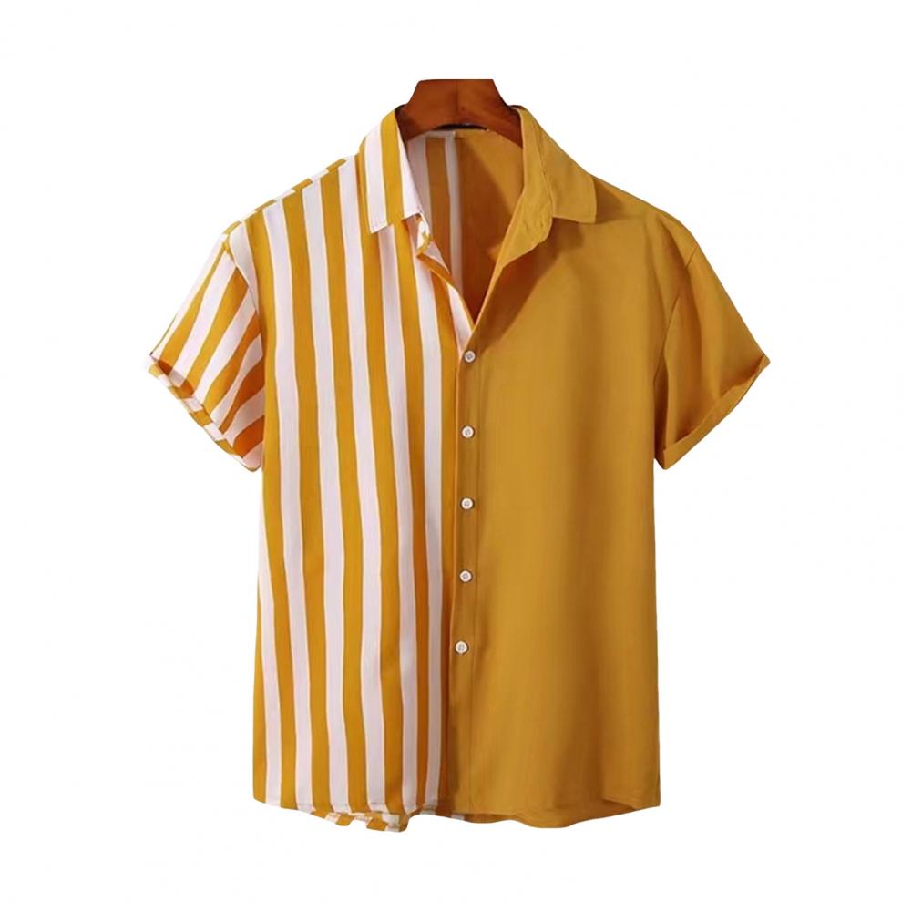 

Осенняя мужская рубашка с полосатым принтом, отложным воротником, коротким рукавом, однобортная, свободного кроя, формальный деловой стиль, кардиган, повседневный офис M жёлтый