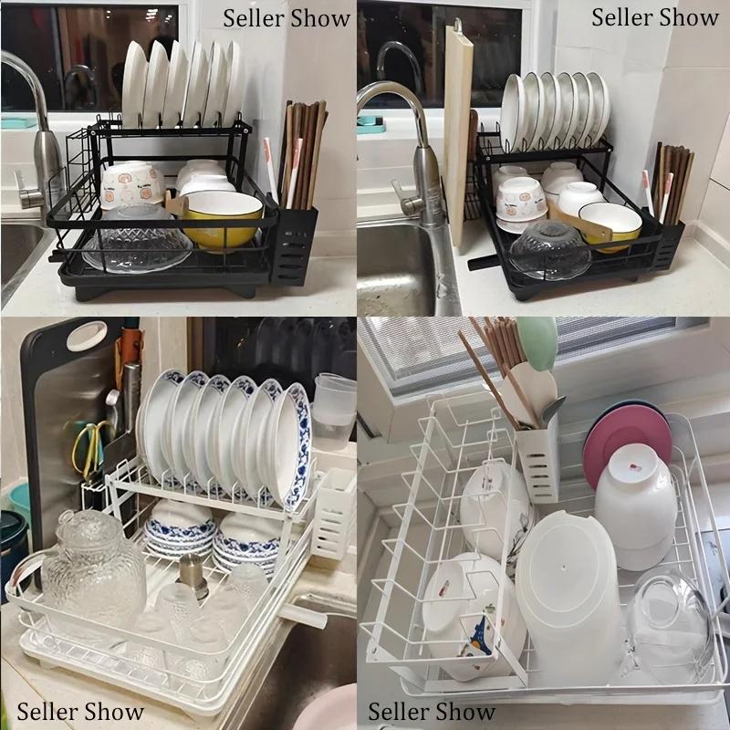 2 Tier Dish Drying Rack, Large Capacity Dish Rack With Draining Board, Double Layer Detachable Dish Storage Organizer For Dishes