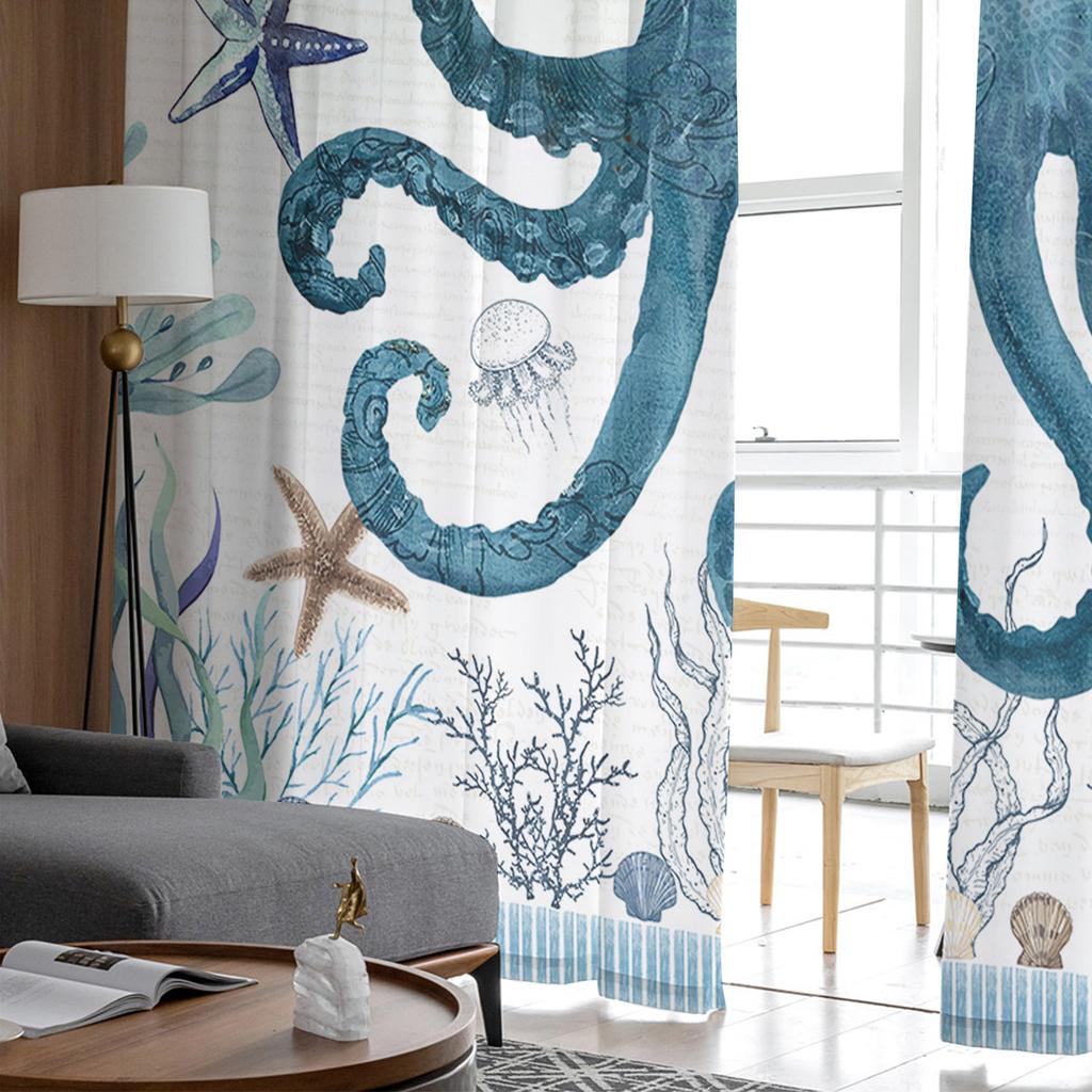 Ocean Stripes Seaweed Starfish Octopus Voile Sheer Curtains Living Room Window Tulle Curtain Kitchen Bedroom Drapes Home Decor