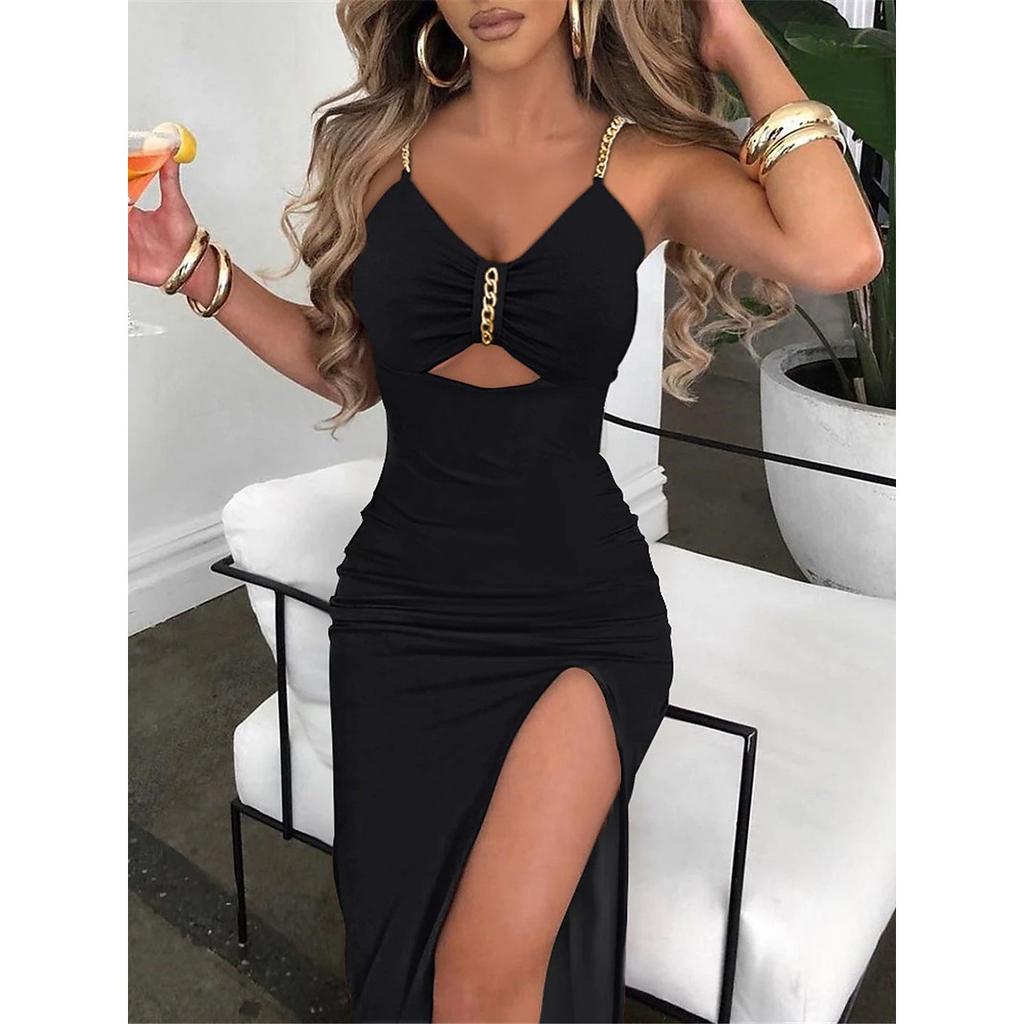 Abito Maxi da Donna Scollo a V Senza Maniche Bodycon Vita Media Cutout a Catena Urbana Spacco Alto