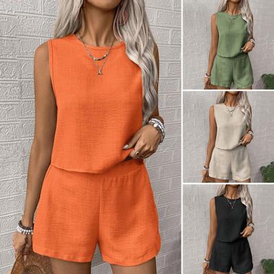 2 Pcs/Set Women Vest Shorts Suit Round Neck Sleeveless Solid Color Top