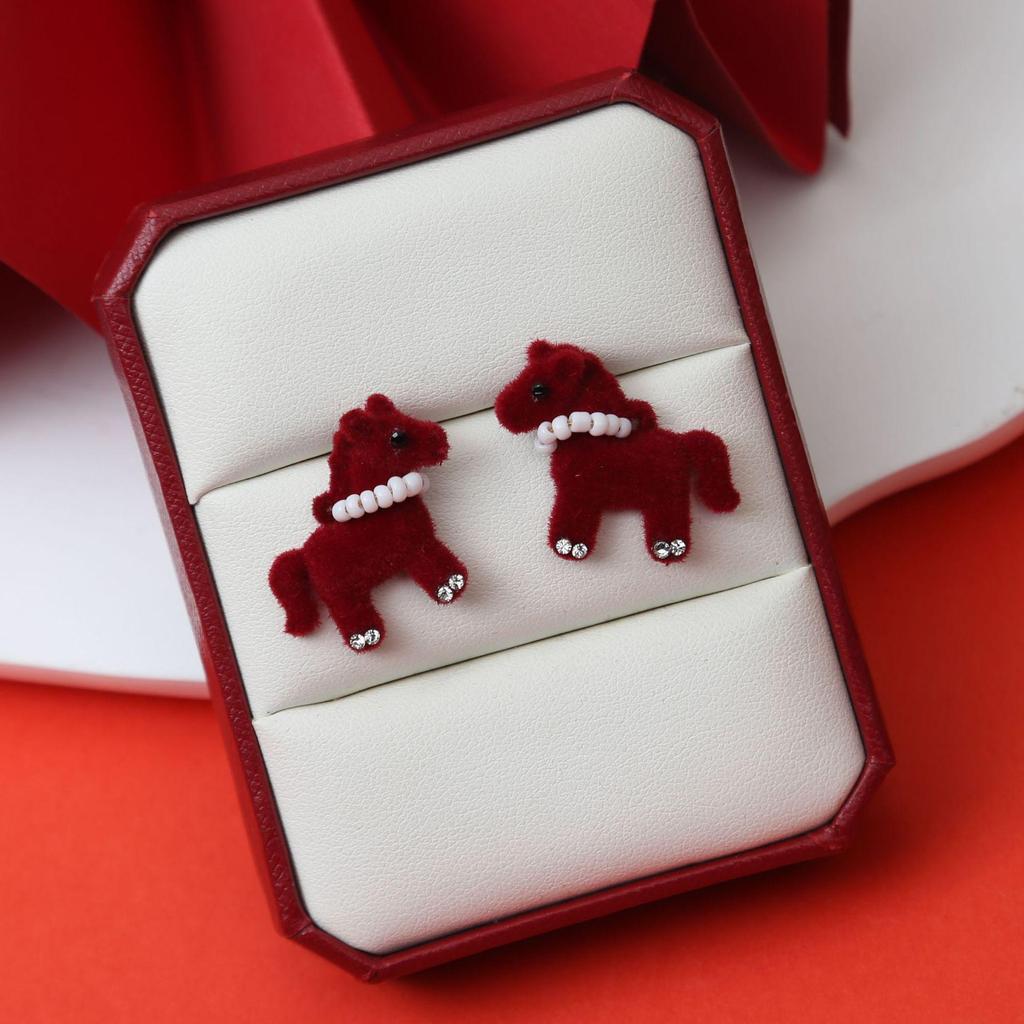 Year of the Horse 925 Sterling Silver Diamond Enamel Stud Earrings with Pearls - Retro High-End Design