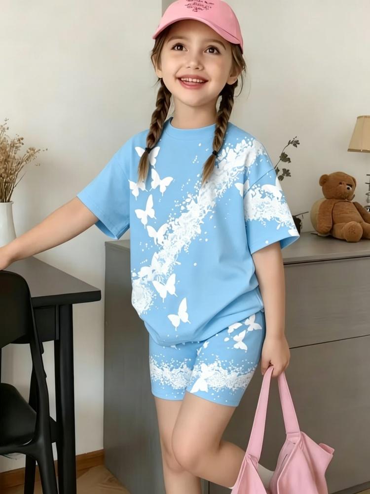 Whimsical 3D Butterfly Print 2 Piece Kids Summer Casual Set Lightweight Short Sleeve Shorts For Unisex Boys Girls