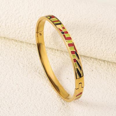 Chic Chinese Enamel Bracelet Stainless Steel Gold Color Ethnic Flower Bangle Classic Vintage Women's Hand Bracelet