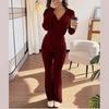 Damen Slim Fit Langarm Rippstrick Reißverschluss Oberteil und Schlaghose Zweiteiliger Trainingsanzug