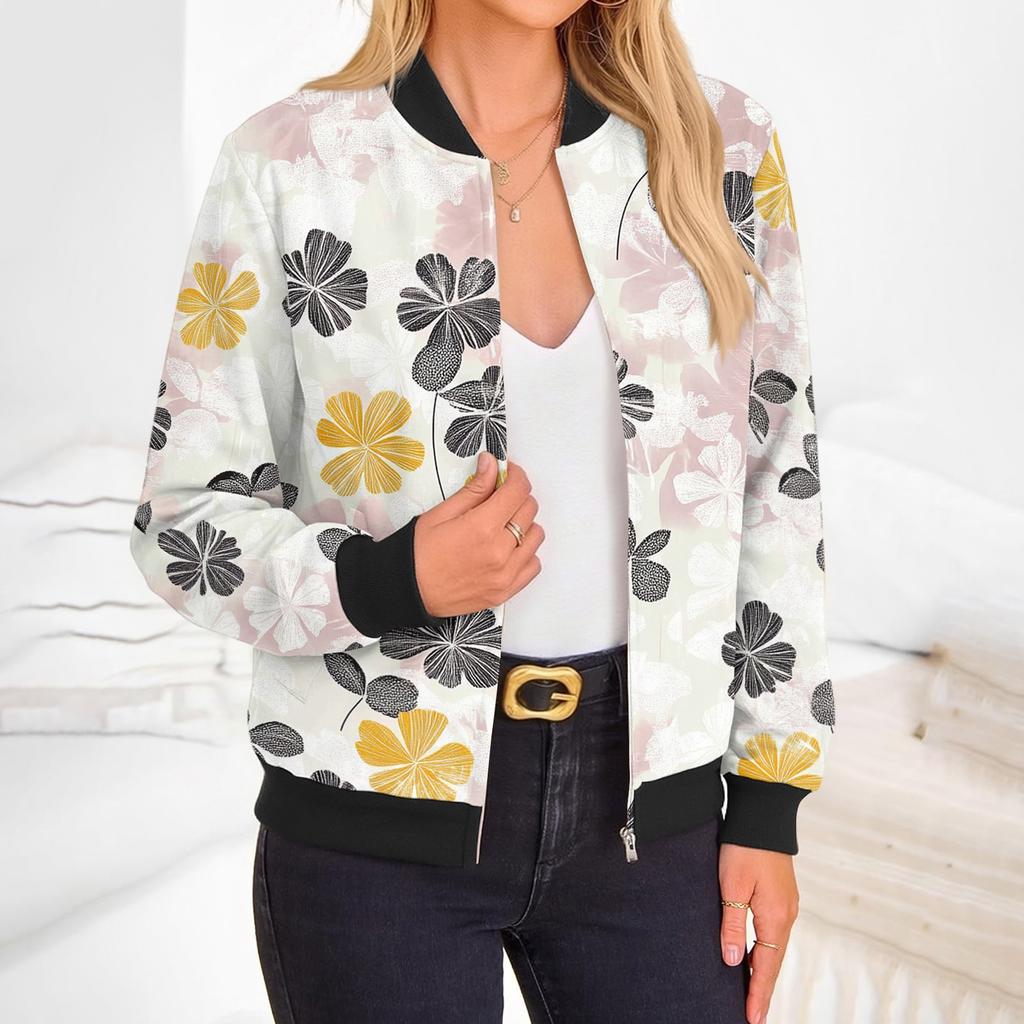 Women's Fashion Long Sleeve Floral Print Round Neck Zip Jacket
