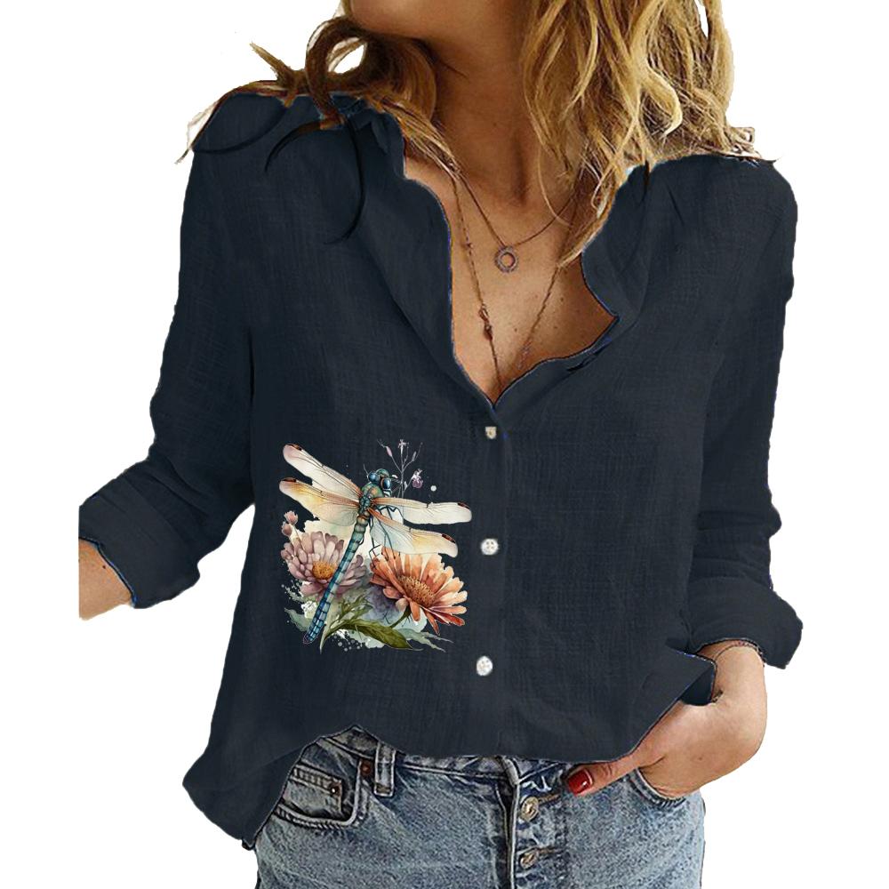 Women Fashion Cotton Linen Shirt Summer&fall Long Sleeve Top Ladies Printed Blouses