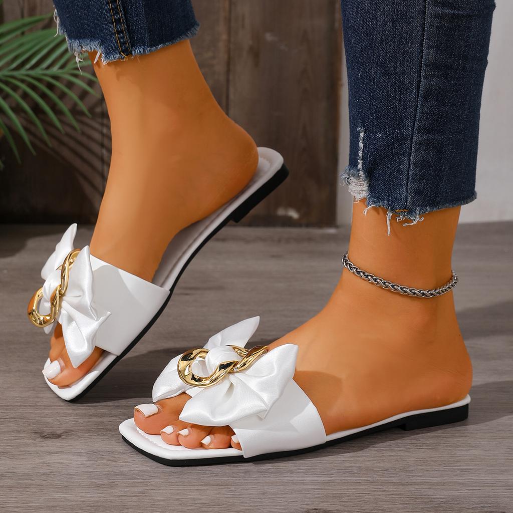 Summer  Square Headed Comfortable Flat Slippers Fashionable Style Anti Slip Bow Casual Women's Slippers In Large Size