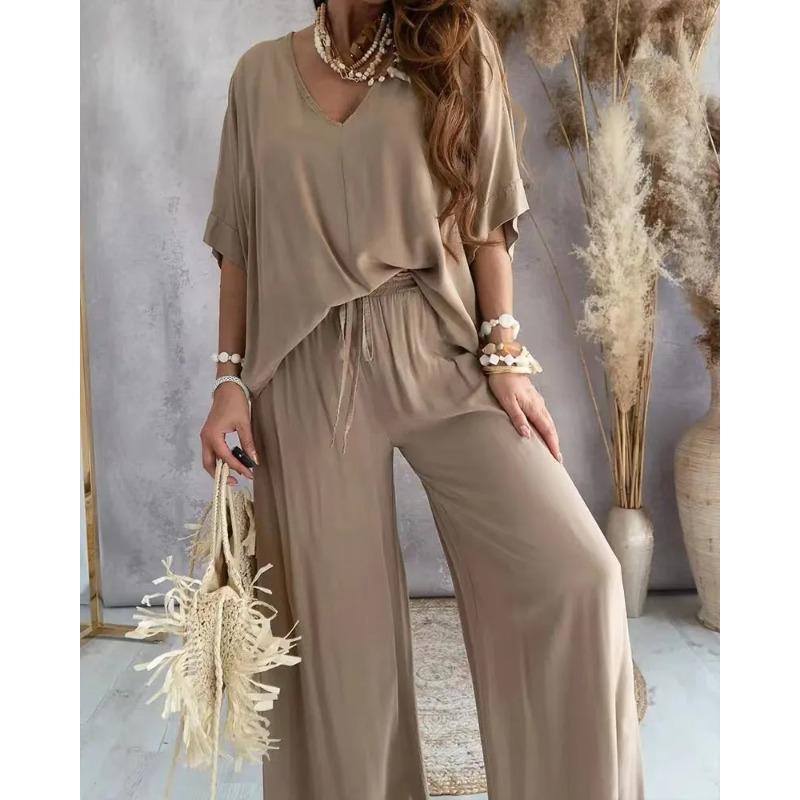 Summer Two Piece Set For Women Long Pant Sets V Neck Bat Sleeve Casual Loose Wide-leg Pants 2 Piece Set Solid Color Outfits