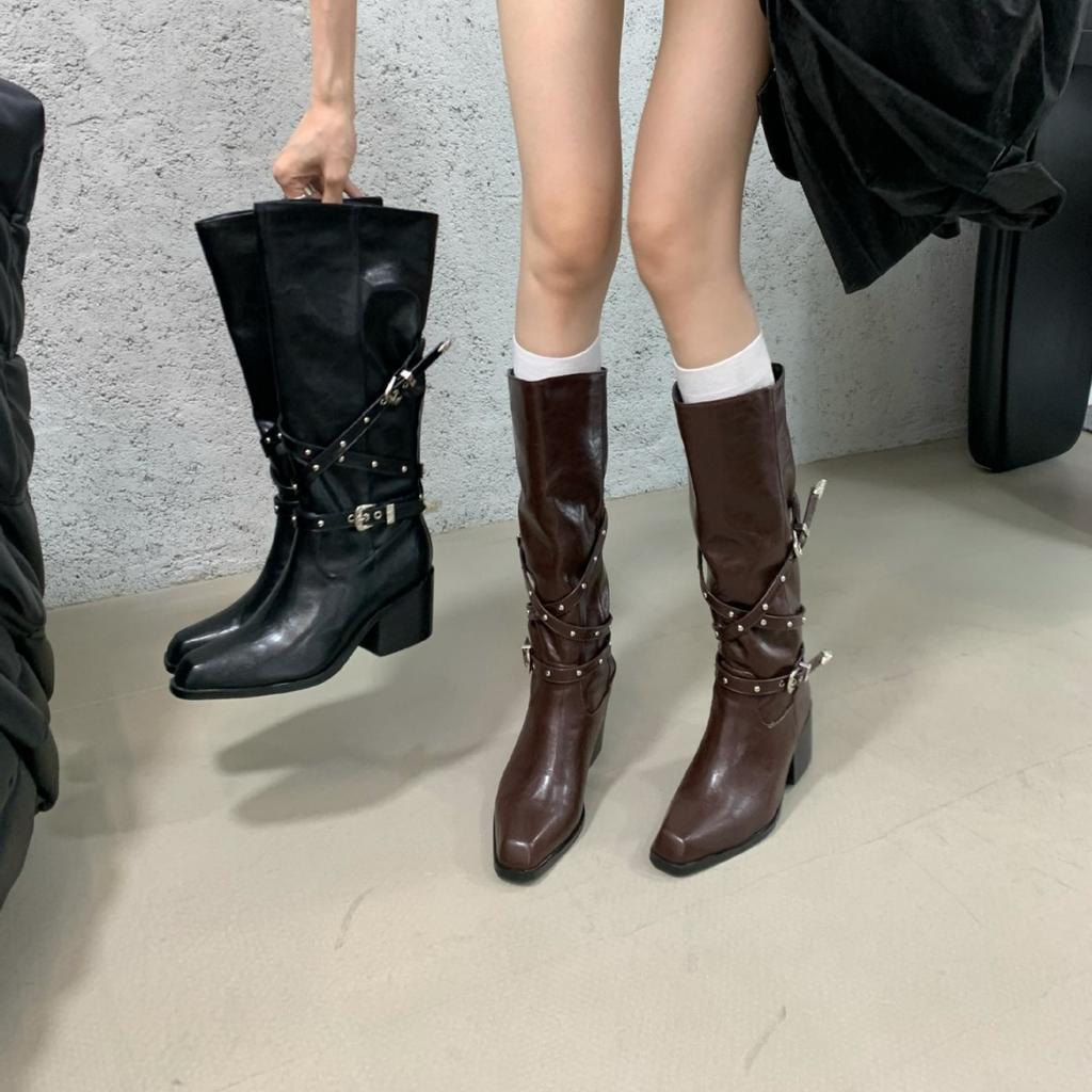 Korean Fashion Boots Feel Belt Buckle Small Thick Heel High Boots Children But Knee High Heel Thin Boots