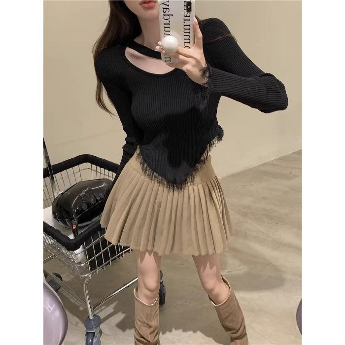 Pure To Irregular Fringe Careful Machine Leakage Collarbone Long Sleeve Bottom Knit Women Unique Chic Small Top