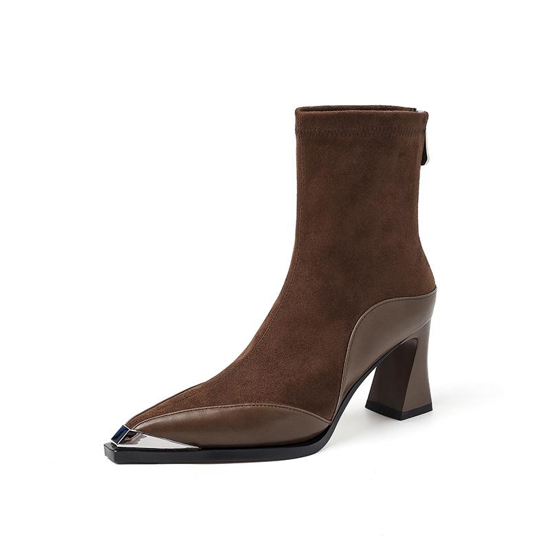 7.5CM French Elegant Elastic Thin Boots 2025 Autumn and Winter New Pointed Thick Heel Zipper Temperament Small Short Boots