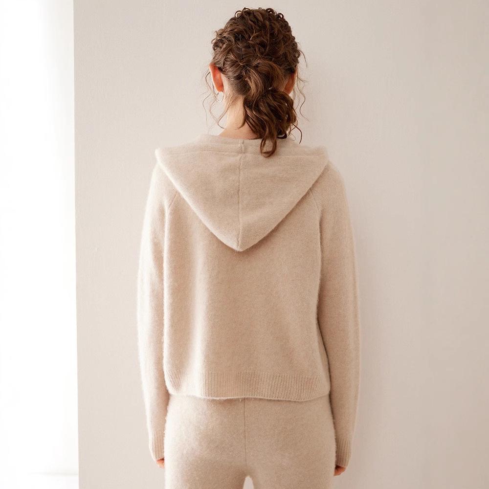 Women's Cashmere Hooded Double Zipper Cardigan - Solid Color, Warm, Stylish Autumn/Winter Jacket
