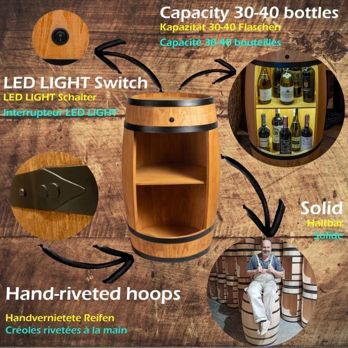 Tonneau En Bois - Creative Cooper - 80cm - Éclairage LED - Rangement Bouteilles - Chêne
