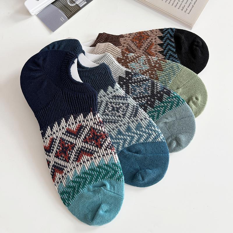 Retro Socks, Men's Spring and Summer Thin Short Socks, Ethnic Style Low-waist Boat Socks, Invisible Socks, Anti-slip Trendy Cotton Socks