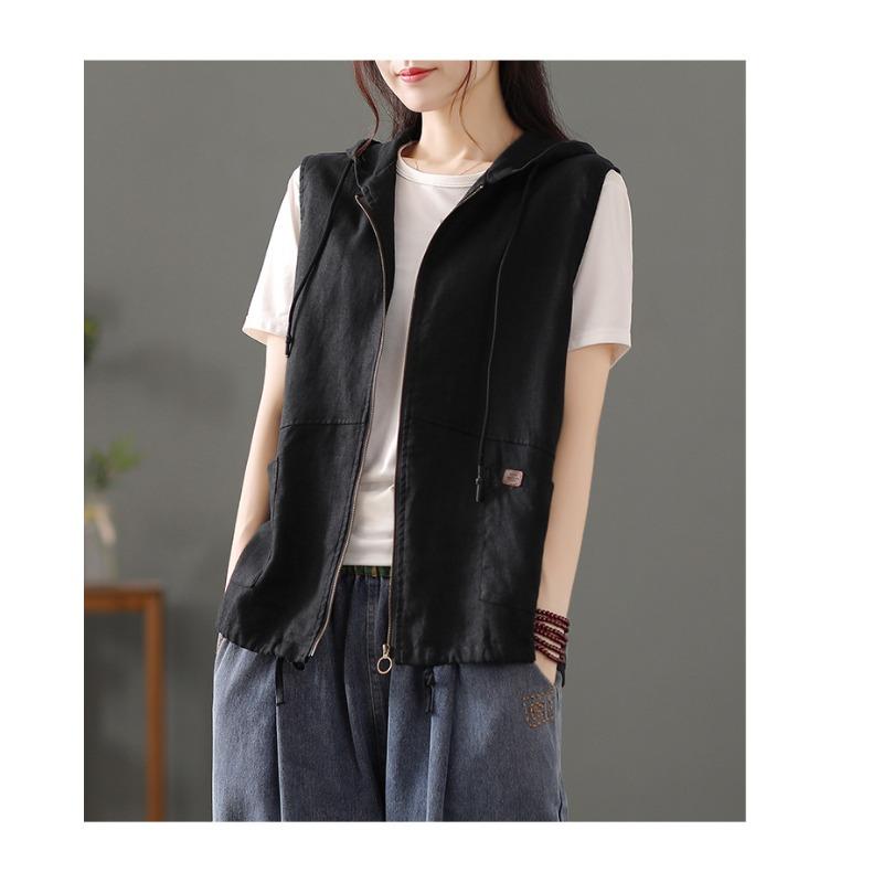 Women S Casual Linen Blend Hooded Sleeveless Zip Up Vest