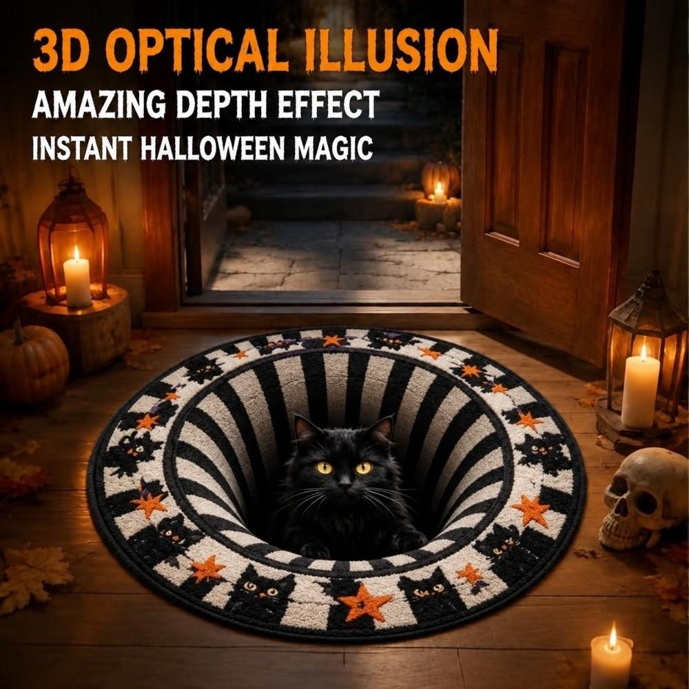 3D Visual Round Plushie Rug Ghost Cat Pattern Holiday Doormat Spooky Halloween Rug Living Room