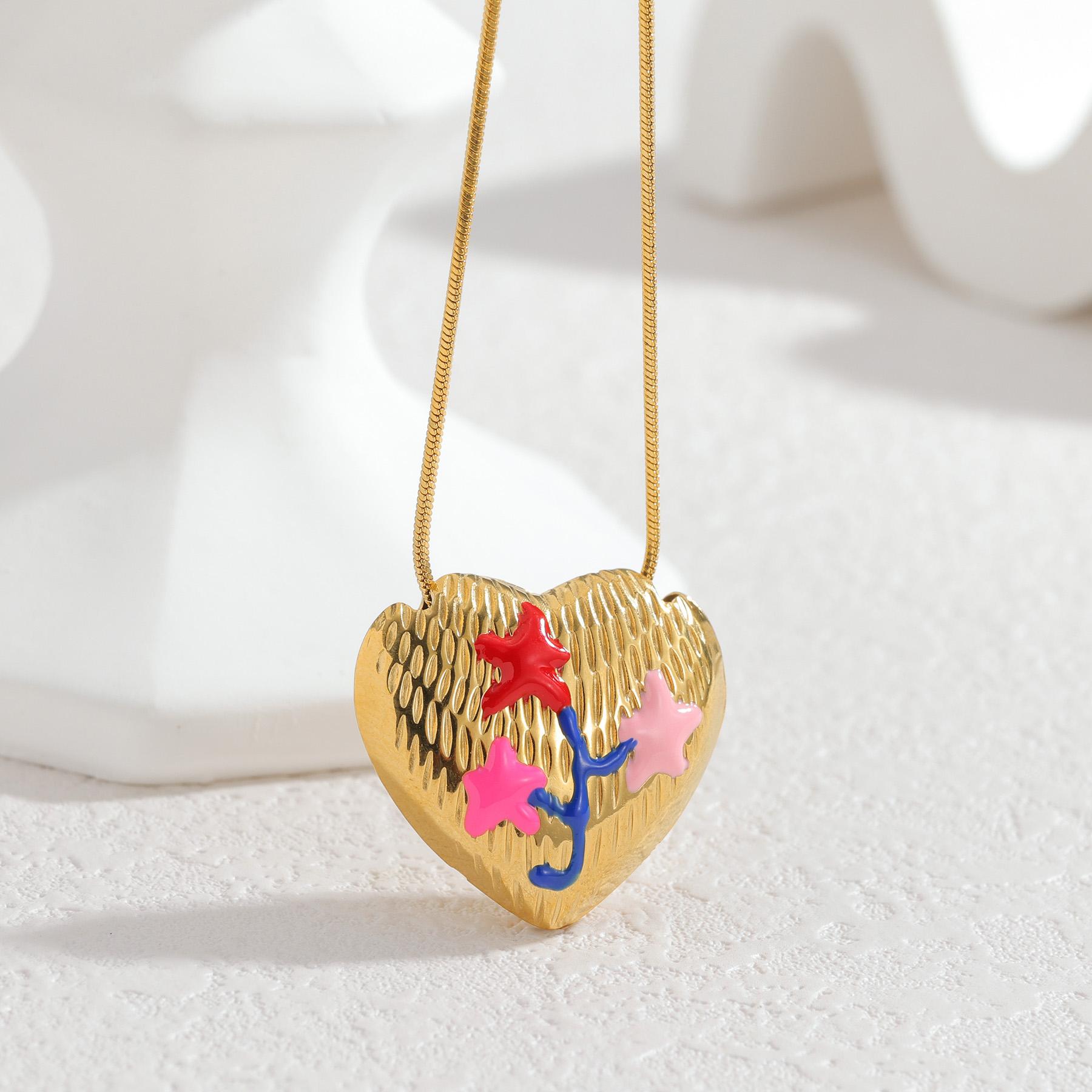 

Atoztide New Fashion Gold Color Heart Pendant Necklace for Women Stainless Steel Colorful Flower Necklace Christmas Jewelry Gift