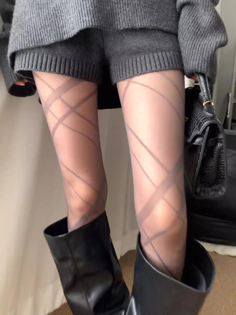 Grey Gray Stockings Irregular Cross Diamond Design Niche Thin Bottoming Socks With Knight Boots Stockings