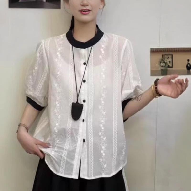 Women's Korean Jacquard Color Block Turn-Down Collar Short Sleeve Shirt - Fashionable and Versatile Summer Top