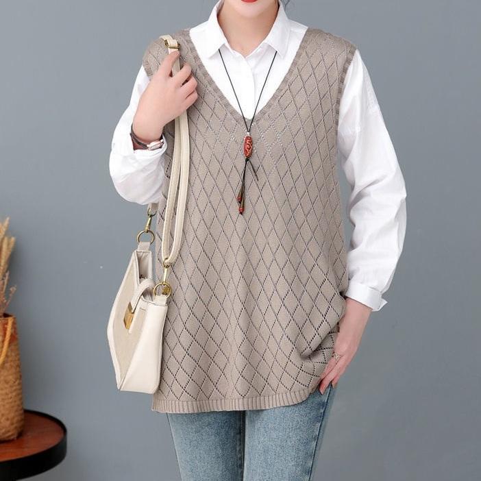 Women's Plus-Size Thin Loose Solid Color Hollow-Out Sleeveless Knitted Vest V-Neck Cardigan Top for Outer Wear